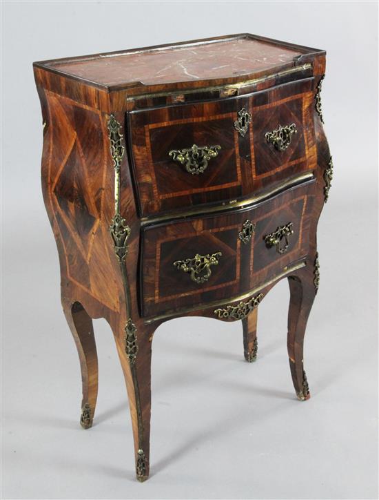 A 19th century French kingwood and rosewood bombé commode, W.1ft 9in. D.1ft 1in. H.2ft 10in.
